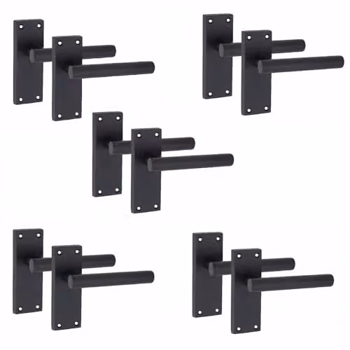 Golden Grace Victorian Straight Door Handles with Latch, 5 Pair, Matt Black Zinc