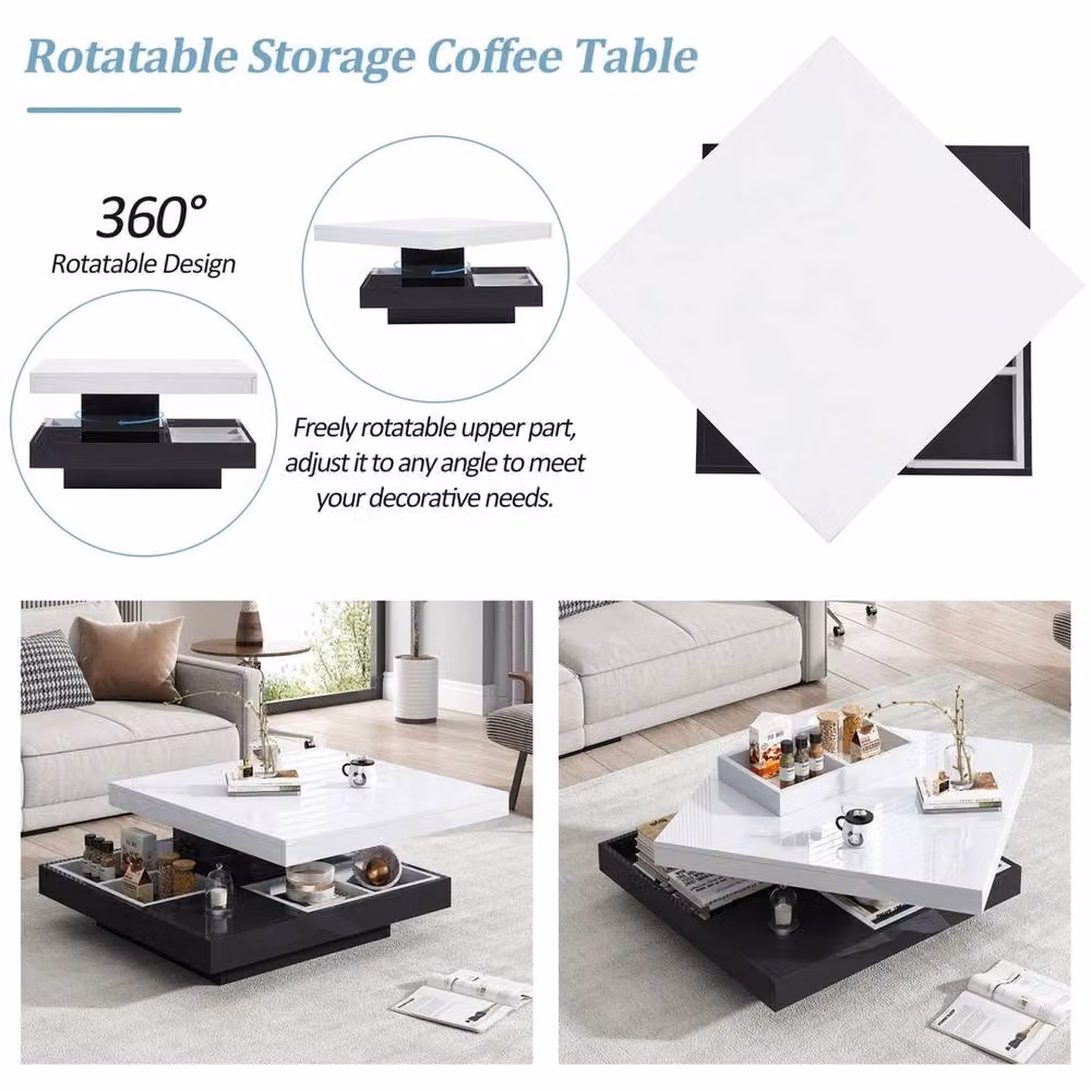 ERGOVEXA Modern Square Coffee Table with 360 Rotating Top and Storage, White and Multicolour, W/D/H: 70 x 70 x 36 cm – 4