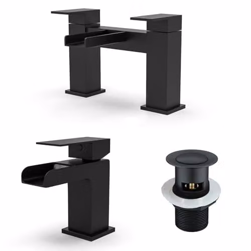 Nes Home Origin Waterfall Basin Mono Tap, Bath Filler, Handset and Pop Up Waste Set in Matte Black – 1