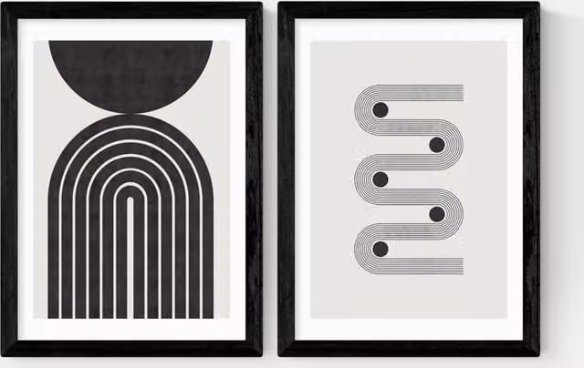 East End Prints Retro Monochrome Twin Set Abstract Geometric Framed Art in Black