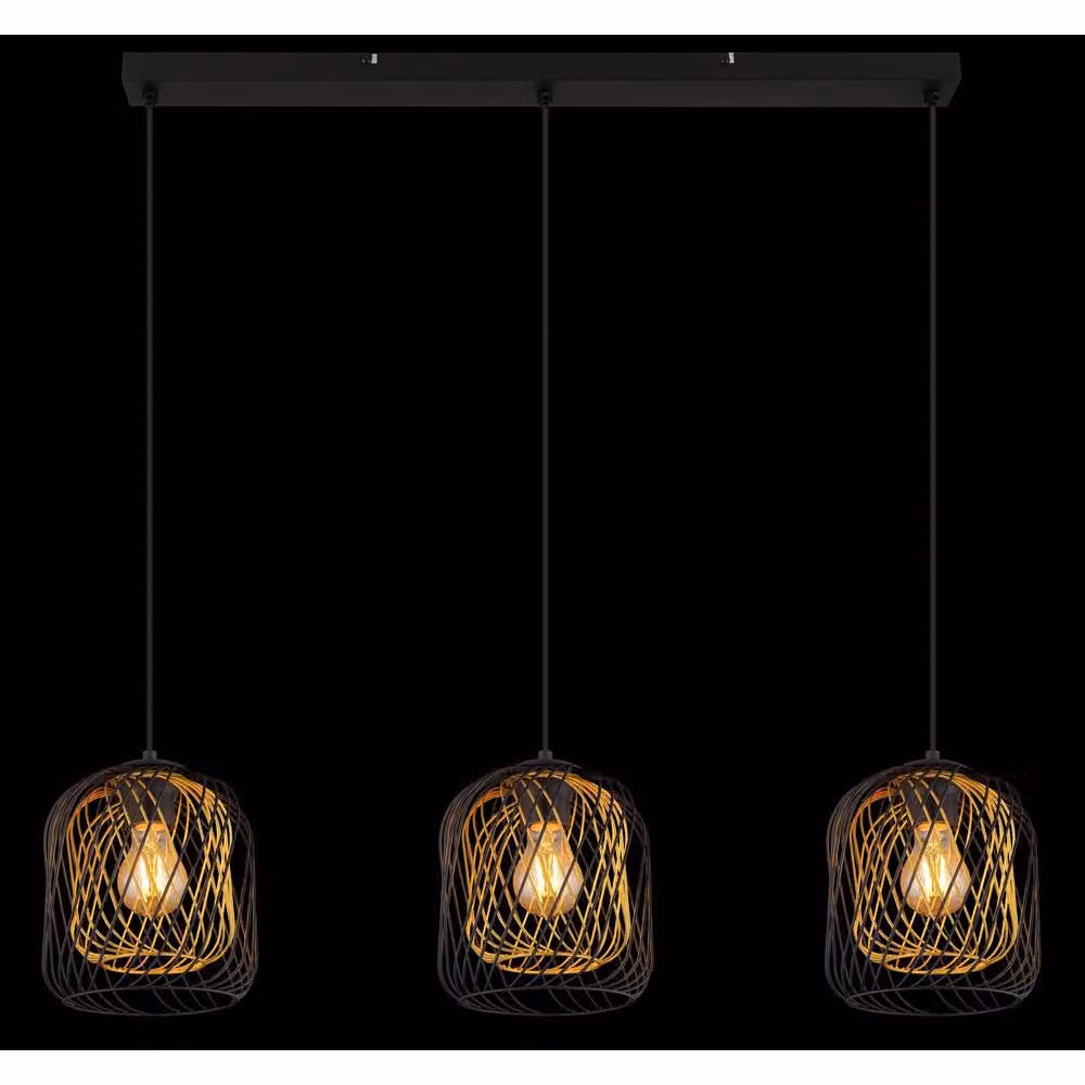 Netlighting Dichti Bar Pendant Ceiling Light in Black and Gold/Brass with 3x E27 Bulbs – 3
