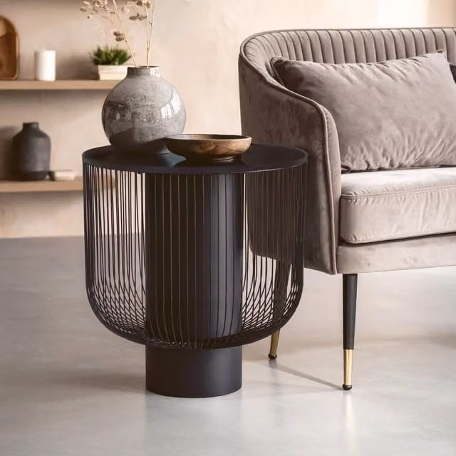 Interiors by Premier Orsina Modern Round Black End Table with Glass Top and Matt Metal Base, W/D/H: 50 x 50 x 54 cm