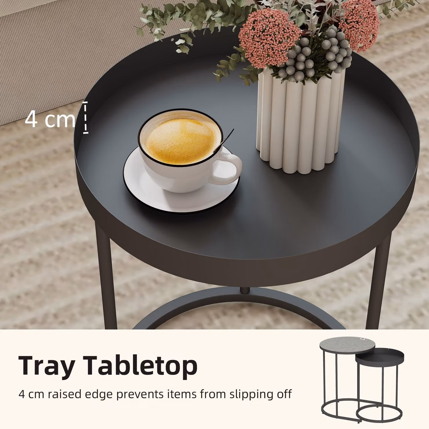 HOMCOM Set of 2 Round Nesting Side Tables in Grey with Industrial Metal Sled Base – 4