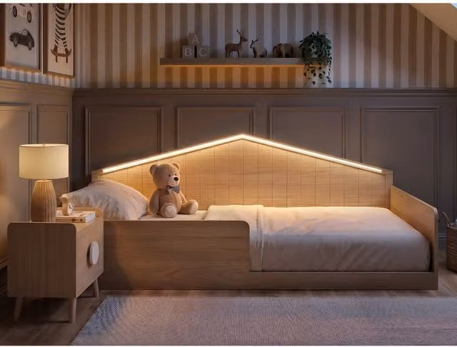 Wilbur Small Double Montessori Bed with LED Lighting in Natural Wood, 120 x 200 cm