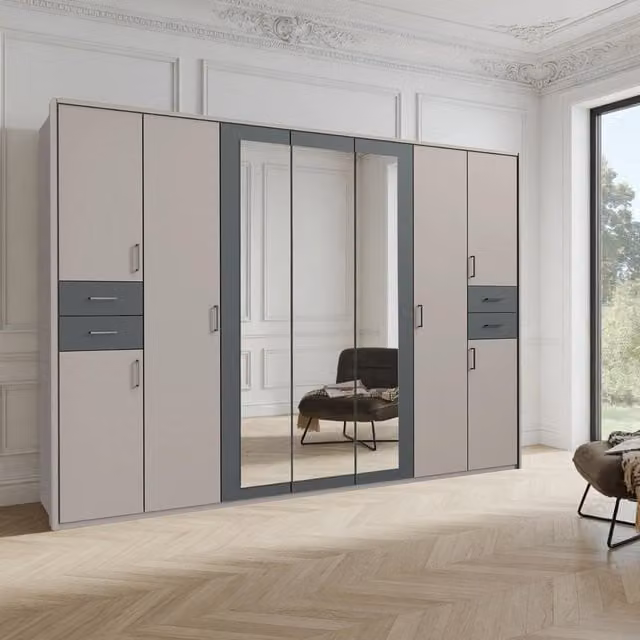Vegas 7 Door Mirrored Wardrobe in Sahara Grey with Integrated Drawers, W: 313 cm