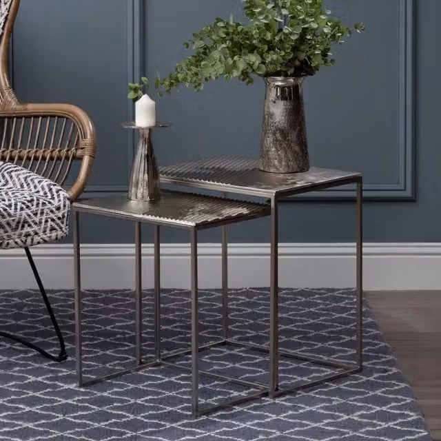 Fifty Five South Orsina Set of 2 Silver Rectangular Nesting Tables with Metal Tops – 2