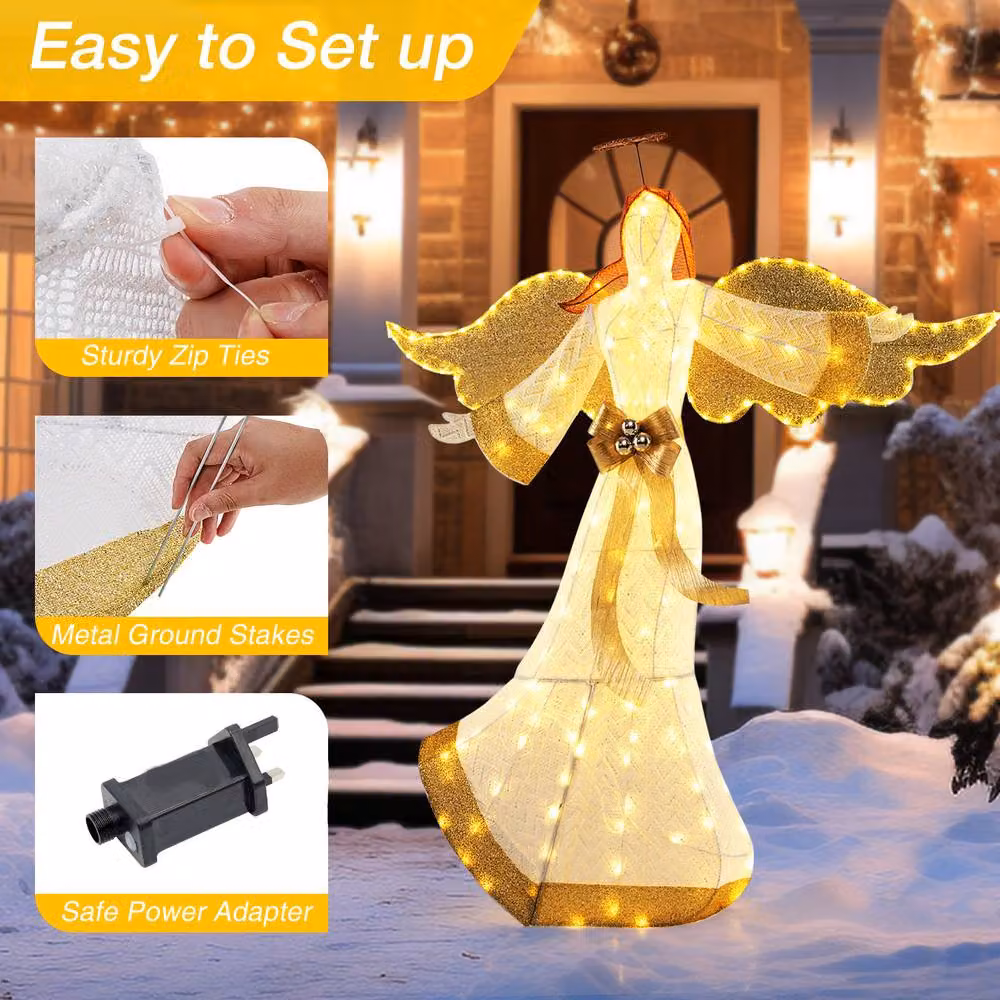Costway Lighted Angel Christmas Decoration with Halo and Bow in White – 7