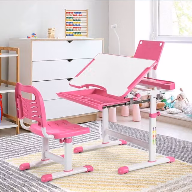 Costway Kids Study Table and Chair Set in Pink with Tilting Top and Adjustable Height