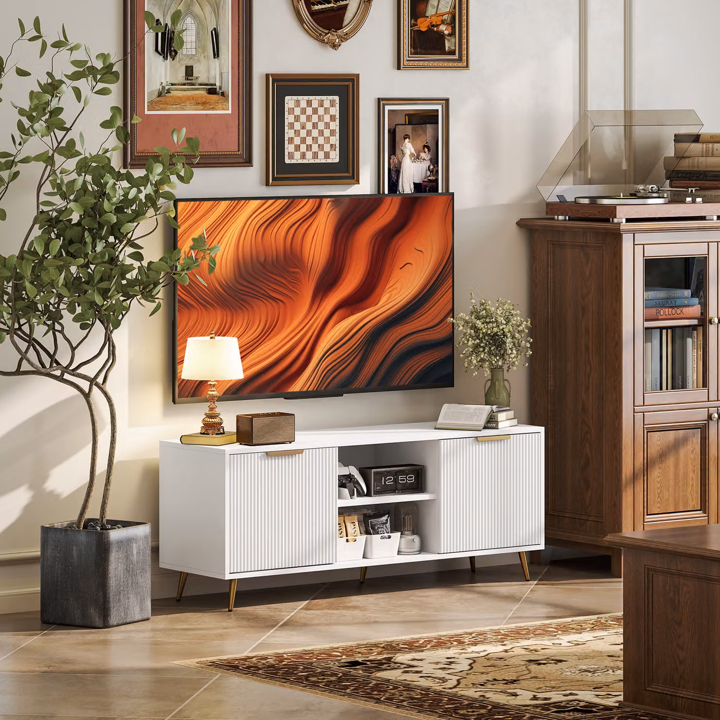 HOMCOM Modern White TV Stand Cabinet for TVs up to 55 inch with Shelves and Storage Cabinets – 2