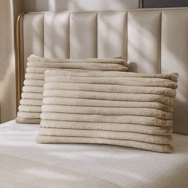 Velosso Jumbo Cord Faux Rabbit Pillowcase Pair with Faux Fur in Beige