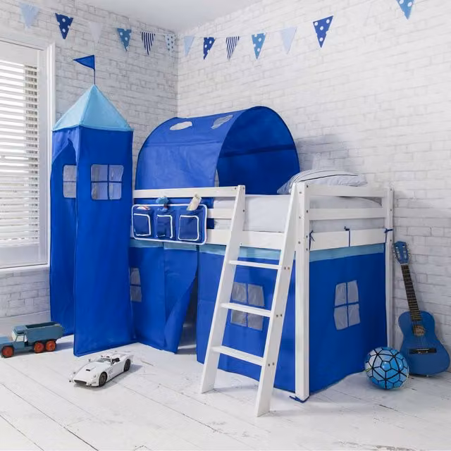 Noa and Nani Moro Cabin Bed Package in White and Blue with Fabric Tent, Tunnel and Tower