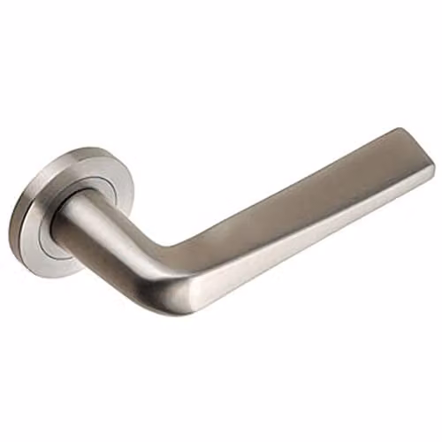 Loops Pair of Chunky Flat Tapered Bar Handles on Round Rose in Brushed Satin Steel Silver