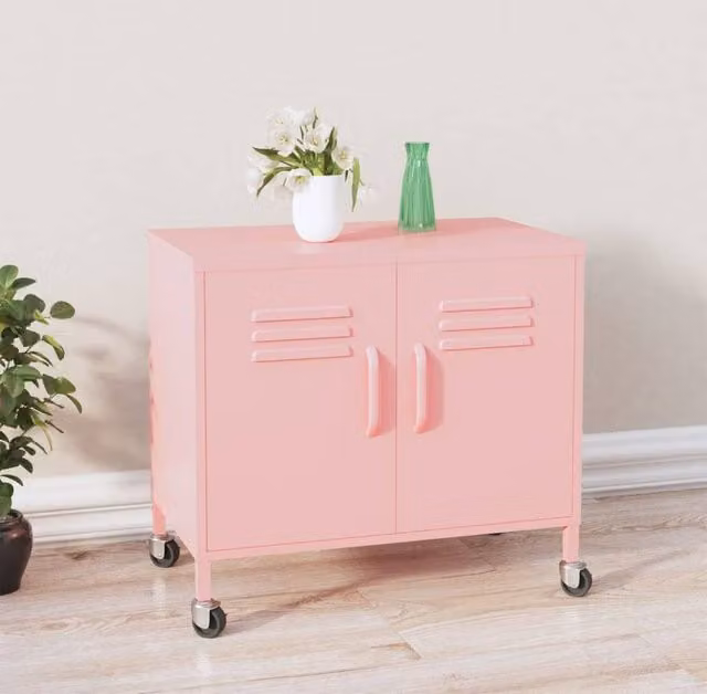 Berkfield Home Pink Metal Freestanding Storage Cabinet with Hinged Doors and Internal Shelves, W/D/H: 60 x 35 x 56 cm
