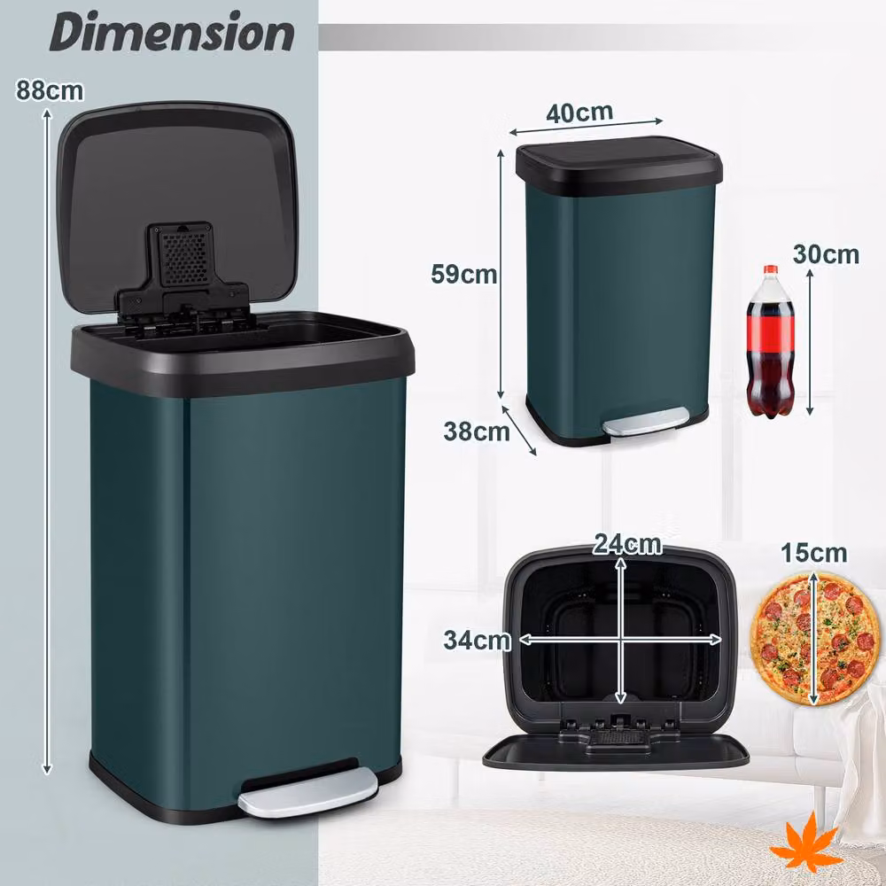 Gymax 50L Stainless Steel Corner Step Trash Can with Soft Close and Odour Filter in Dark Green – 10