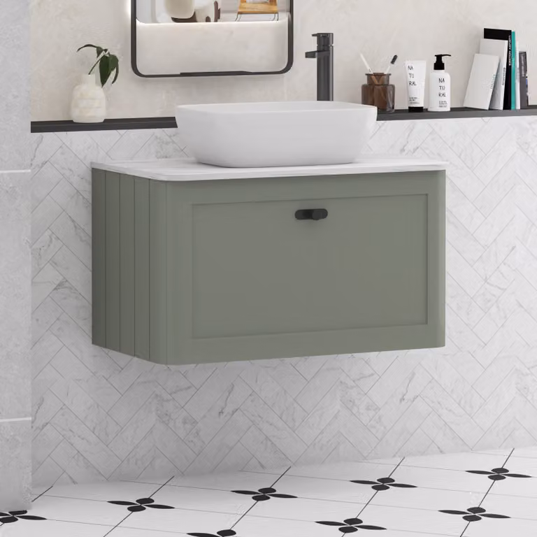 Royal Bathrooms Henley 800mm Sage Green Wall Hung Vanity Unit with Elva Basin and Matt Black Knob