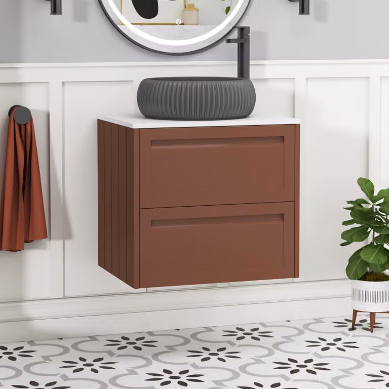 Royal Bathrooms Elmore 600mm Wall Hung Vanity Unit in Terracotta with 2 Drawers, Plain White Worktop and Milan Black Basin
