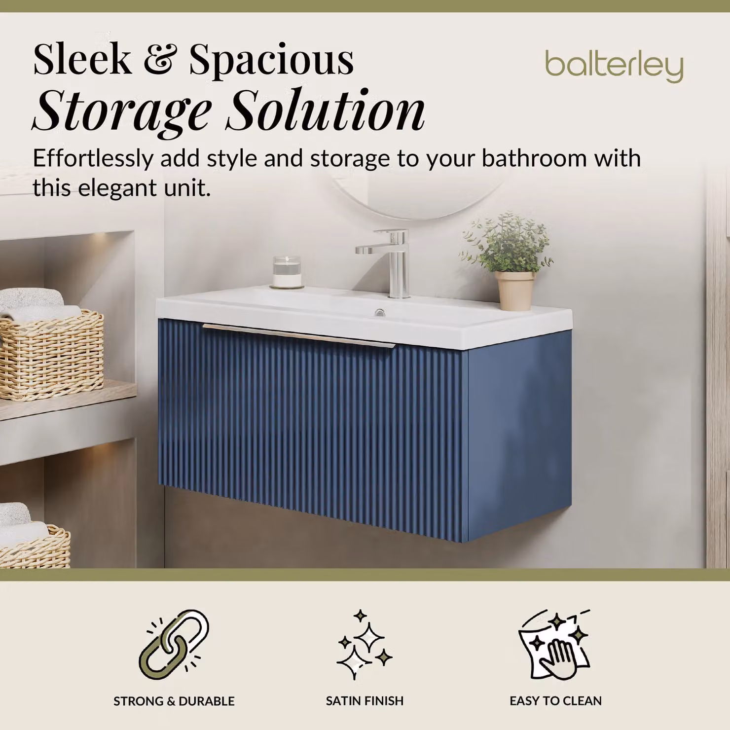 Balterley Fluted Wall Hung 1 Drawer Vanity Basin Unit and Basin, Satin Blue, Width: 80 cm – 2