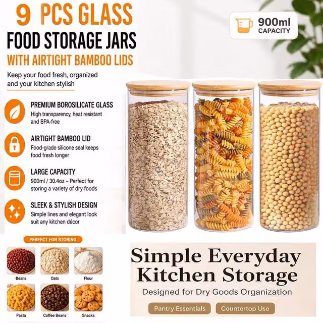 ATEK 9-Piece Glass Food Storage Jar Set with Airtight Leakproof Lids, 900ml per Jar, Clear