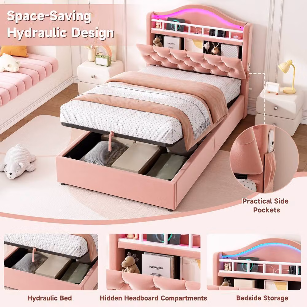 BTM Single Hydraulic Velvet Bed in Pink with LED Lighting and USB Charging Port, W/D/H: 90 x 190 x 93 cm – 4