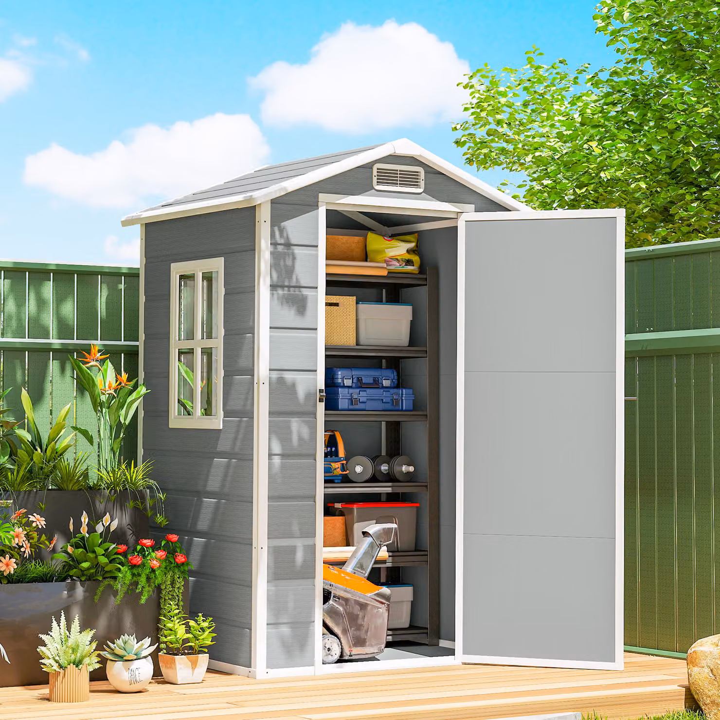 Outsunny Plastic Garden Storage Shed with Floor, Window and Vent, Light Grey, W/D/H: 121.92 x 94.0 x 196.0 cm – 2