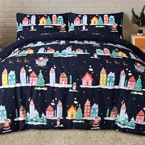 Sleepdown Santa Town Christmas Reversible Polycotton Duvet Cover and Pillowcase Set, Navy, W/D/H: 135 x 200 cm – 1