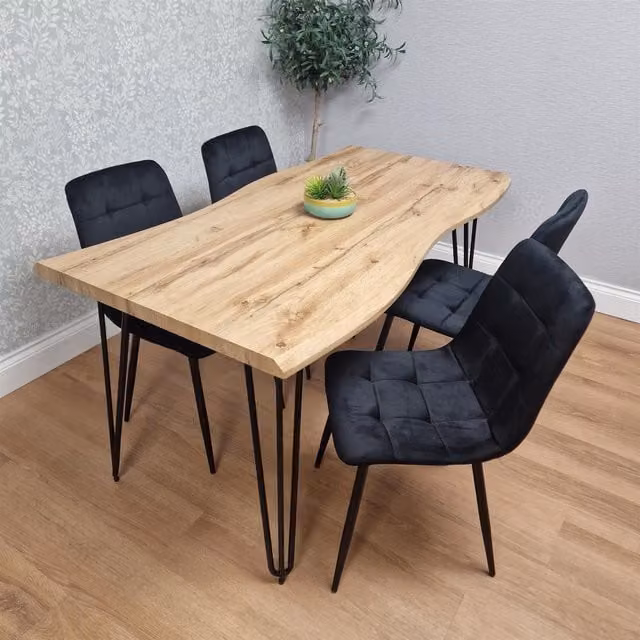 KOSY KOALA Rustic Brown Wooden Rectangular Dining Table with 4 Black Chairs, W/D/H: 120 x 77 x 75 cm