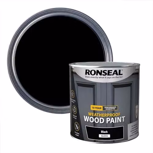 Ronseal 10 Year Weatherproof 2 in 1 Opaque Wood Paint in Black Gloss, 2.5 l