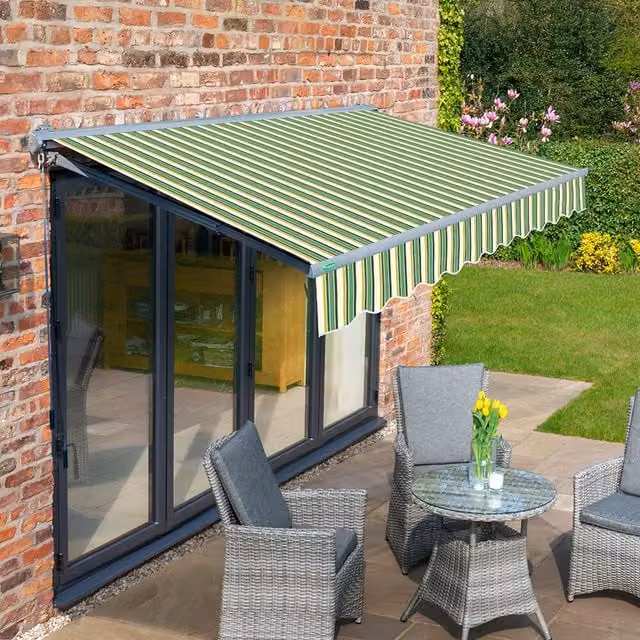 Primrose Semi-Cassette Electric Retractable Awning with Charcoal Aluminium Frame and Green Striped Fabric, Width: 300 cm