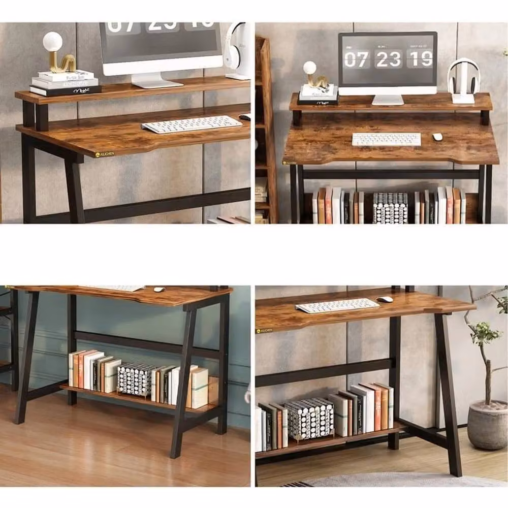 Havendro Brown Writing Desk with Monitor Storage and Open Shelf – 3
