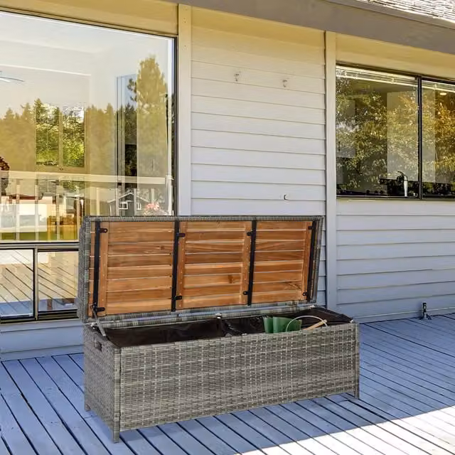 Outsunny Grey Wicker Patio Storage Bench Box