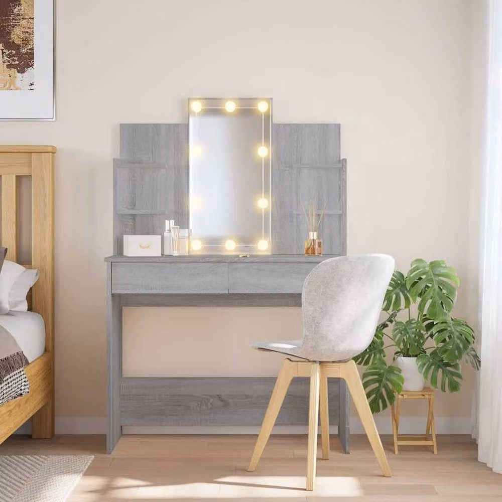 Berkfield Home Dressing Table with Hollywood LED Lights in Grey Sonoma, W/D/H: 96 x 40 x 142 cm – 2