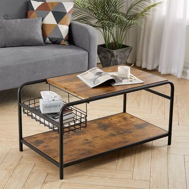 Livingandhome Industrial Rustic Wooden Coffee Table with Storage in Brown and Black