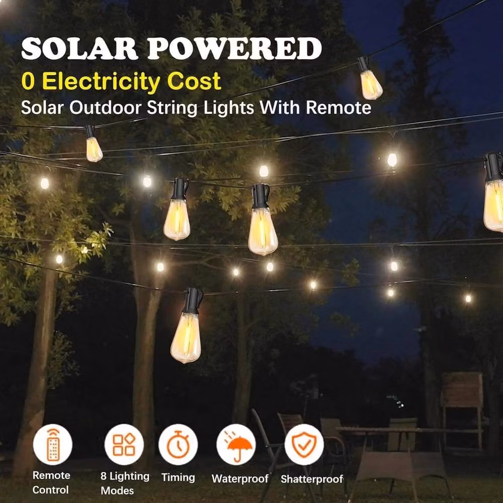 NESTLUNE 30m Solar LED Garden Bulb String Lights in Black with Warm White Glass Bulbs – 2
