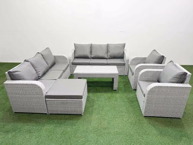 Fimous PE Rattan High Back Lounge Sofa Set in Light Grey with 3 Seater Sofa, Reclining Chair, Large Footstool and Oblong Coffee Table