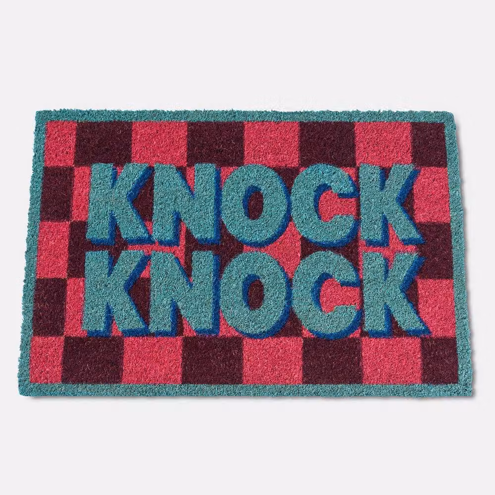 OHS Knock Knock Coir Doormat with Pink and Blue Checkerboard Print, W/D: 60 x 40 cm – 3