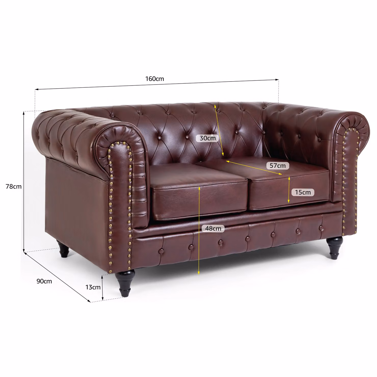 Bravich LTD Chesterfield 2 Seater Faux Leather Sofa in Brown with Button Tufting and Wooden Legs – 2