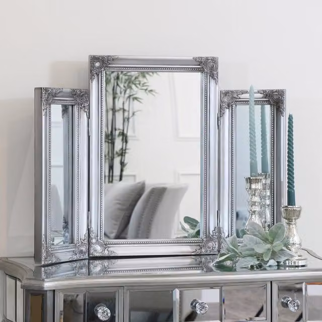 Melody Maison Vintage Silver Rectangular Tabletop Dressing Table Mirror W: 55 cm, H: 74 cm