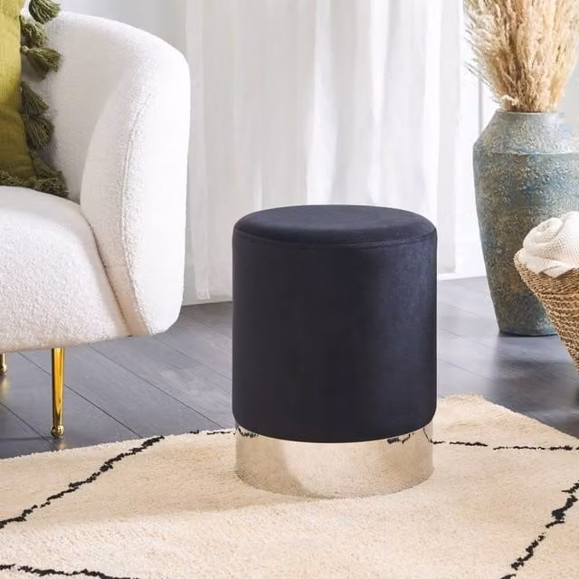 Wyld and Coco Black Velvet Cylindrical Pouffe with Silver Metallic Band – 1
