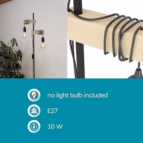 Eglo Townshend 2-Light Vintage Floor Lamp in Black Metal and Wood, Diameter: 25 cm – 5