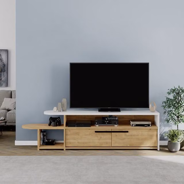 Decortie Lyra Modern TV Unit Multimedia Centre with 2 Drop Doors in Oak and White