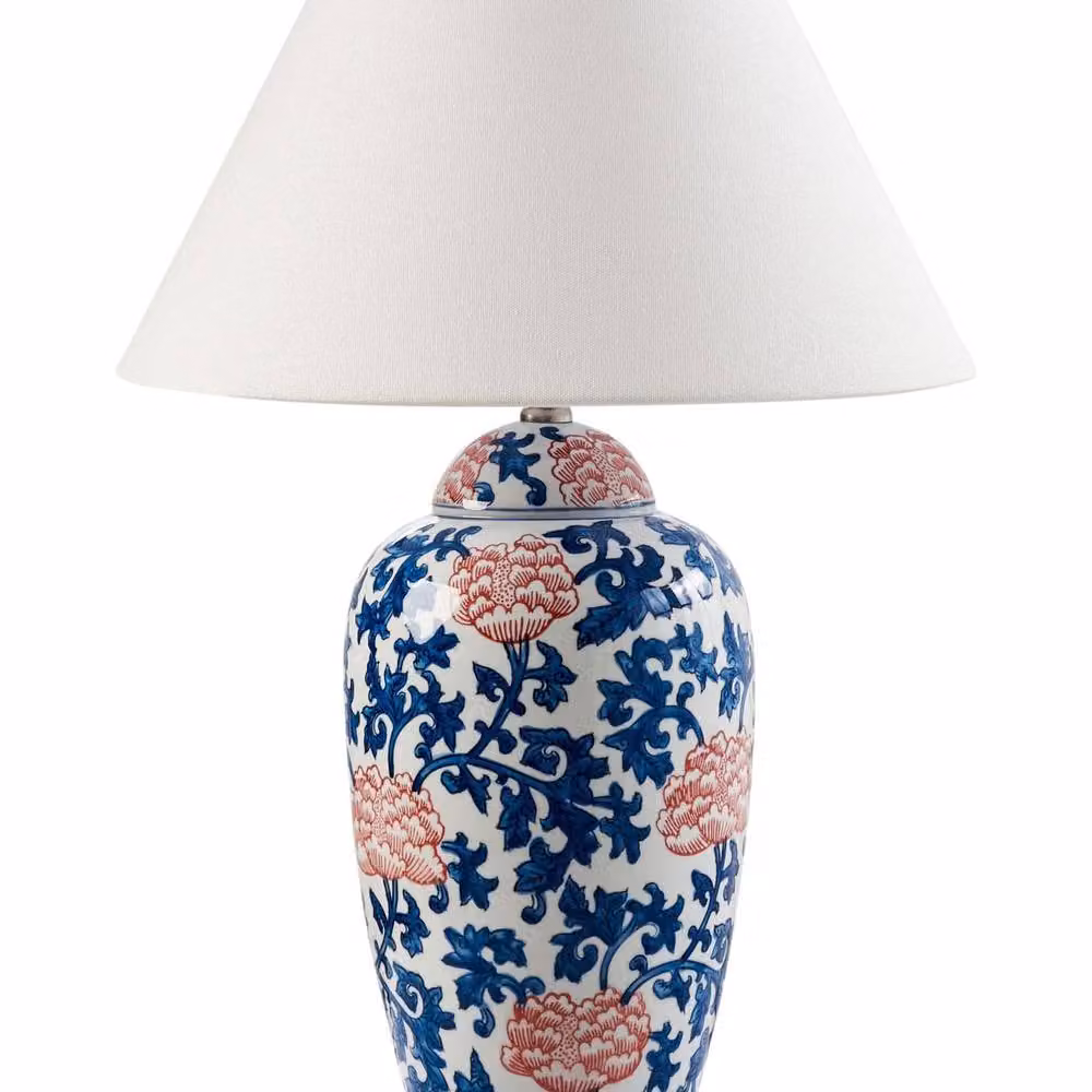 Wyld and Coco Ceramic Table Lamp with Blue and White Floral Base and White Fabric Shade, Height: 65 cm – 2