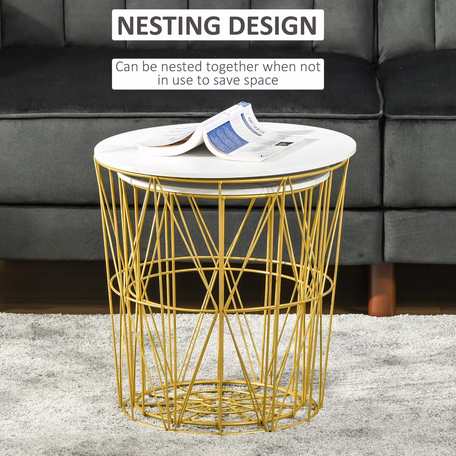 HOMCOM Set of 2 Round Nesting Side Tables with Storage and Steel Frame in White and Gold – 4
