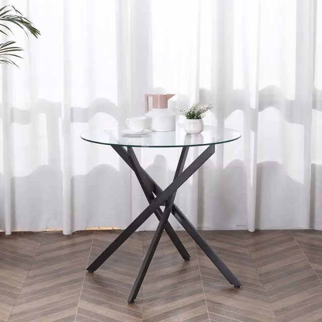 HOMCOM Modern Round Side Table with Black Metal Frame and Transparent Tempered Glass Top