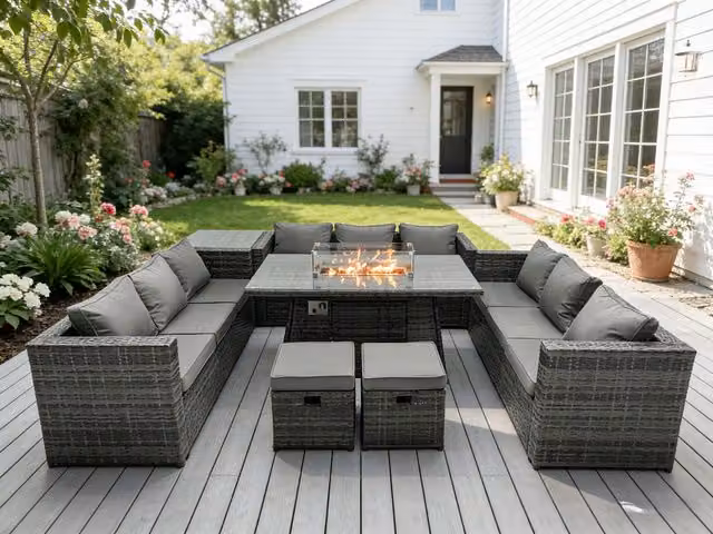 Fimous Dark Grey Rattan Garden Furniture Set with Gas Fire Pit Dining Table, Side Table and Footstools