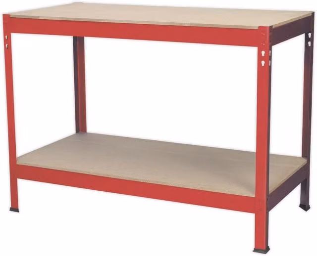 Loops Heavy Duty Workbench with Steel Frame, Wooden Work Top and Storage Shelf in Red, W: 120 cm, D: 60 cm