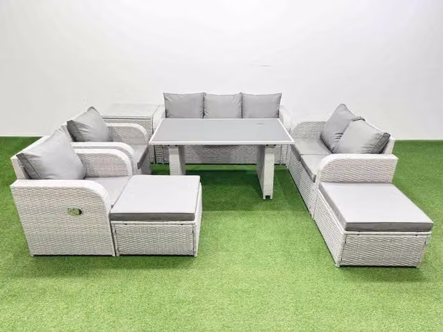 Fimous 9 Seater Modern Garden Furniture Set in Light Grey with 2 Big Stool Side Tables