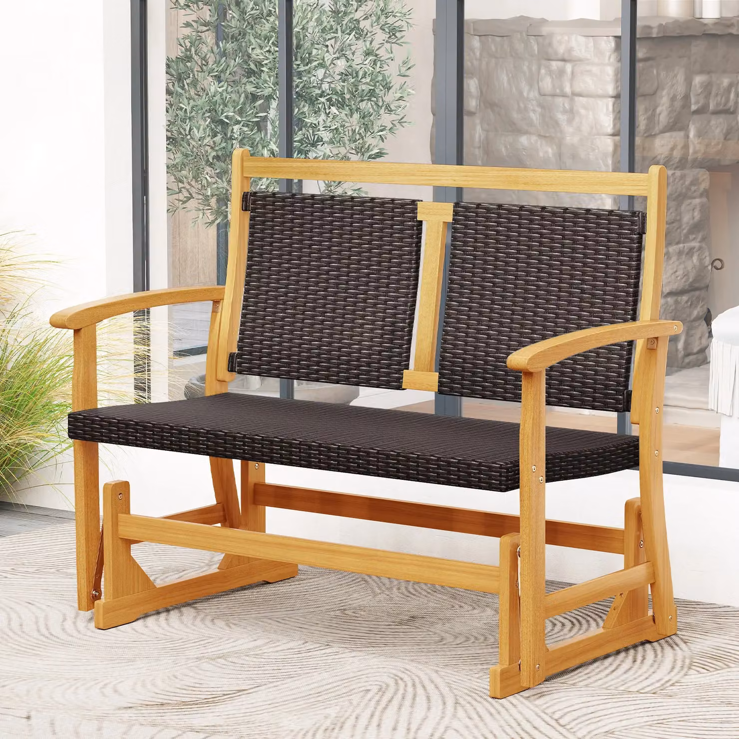 Gymax Outdoor Acacia Wood Glider Bench with Rattan Backrest in Brown – 9