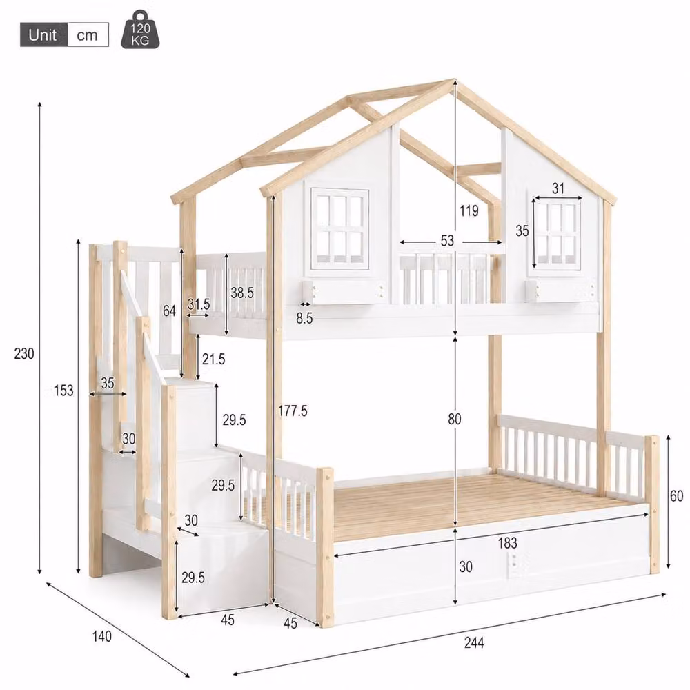 BTM White and Natural Solid Wood House Bunk Bed with LED Under-Bed Lighting and Storage Stairs for Children, Size: Double (W/D/H: 135 x 190 x 90 cm) – 2