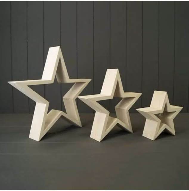KDMD Set of Three Rustic Off-White Wooden Christmas Stars