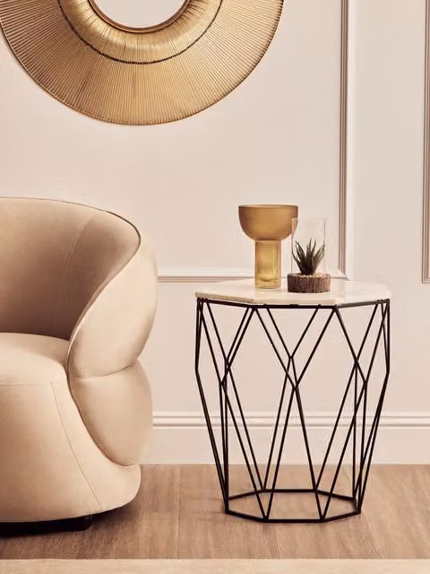 Interiors by Premier Orsina Octagon White Marble Side Table with Matte Black Geometric Metal Frame – 2